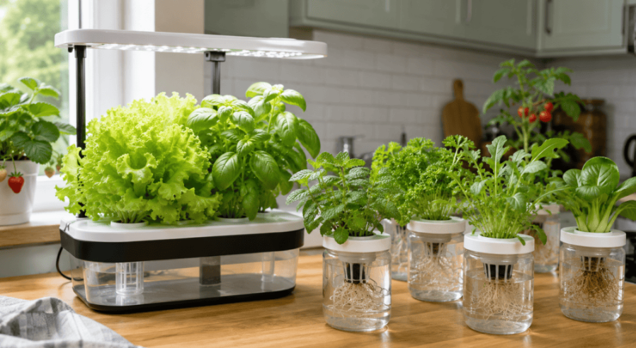 Vegetables growing indoor hydroponically
