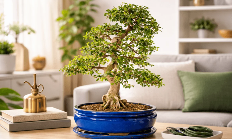 Miniature bonsai tree displayed indoors